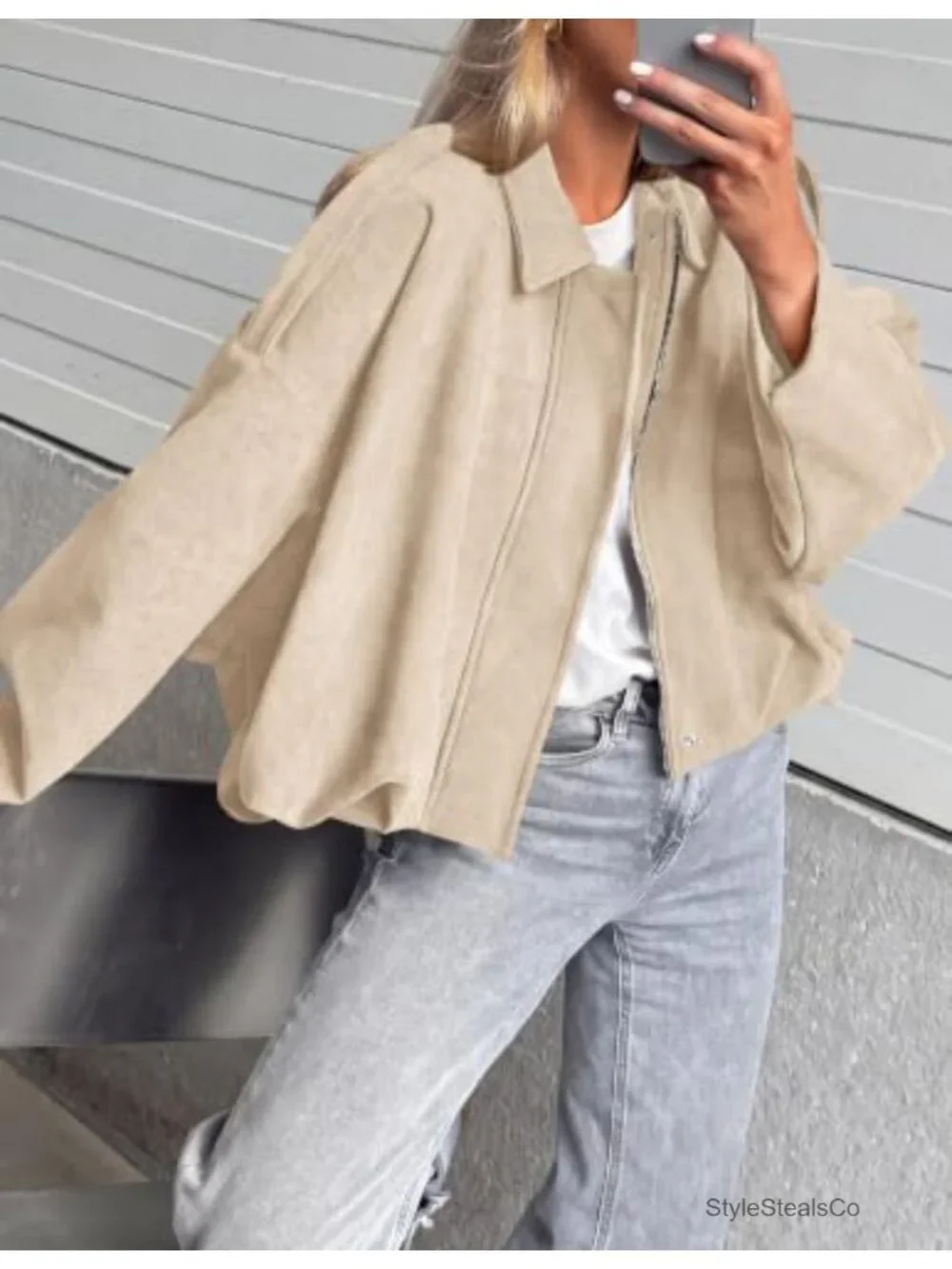 Faux Suede Cropped Bomber Jacket Women Oversized Zip Fall Winter